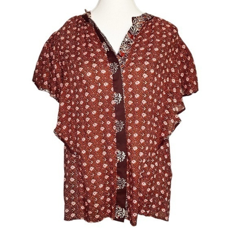 Bishop + Young Ditsy Burgundy Floral Floral Button Down Top NWT